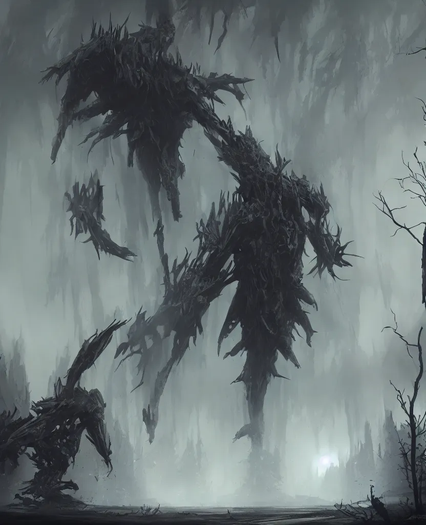 Prompt: one giant monster made of black smoke in the middle of a forest, concept art by max svabinsky, cgsociety contest winner, altermodern, concept art, apocalypse art, artstation hq