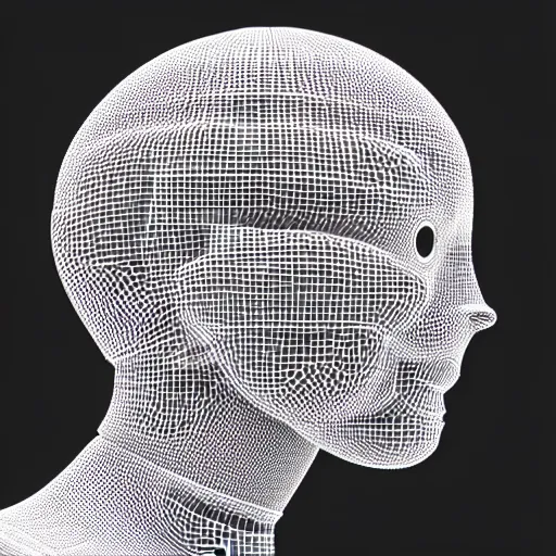 Prompt: a 3 d render of a white robot head structure made of hundreds of tiny white spheres, highly detailed, vfx, plain white background, trending on artstation