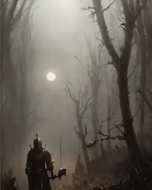 Image similar to Hyper realistic oil painting of an undead knight, knight in the foreground, fog, volumetric lighting, nighttime, moonlight, creepy, by greg rutkowski