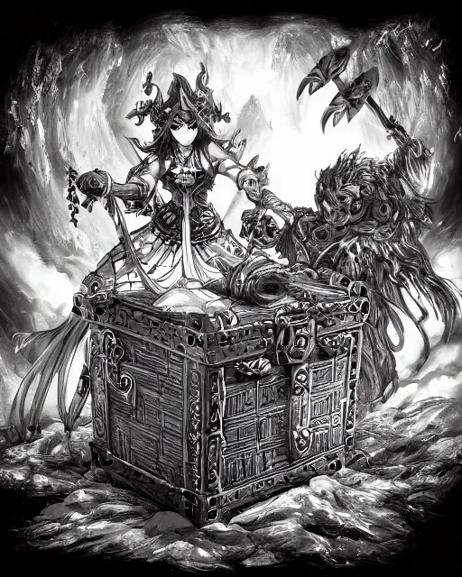 Image similar to a treasure chest closed, black and white, fantasy art, object art, in the style of masami kurumada, illustration, epic, fantasy, intricate, hyper detailed, artstation, concept art, smooth, sharp focus, ray tracing