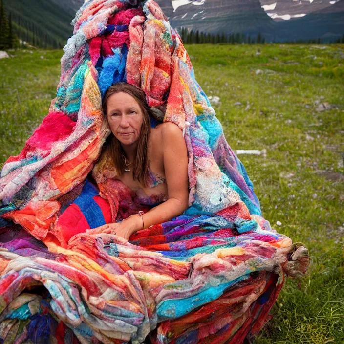 Image similar to a color photograph, closeup portrait of a woman wrapped in textiles, sitting in a plastic throne, in glacier national park in montana, color photograph, by vincent desiderio, canon eos c 3 0 0, ƒ 1. 8, 3 5 mm, 8 k, medium - format print