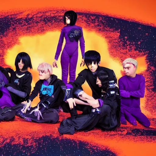 Image similar to group shot of depressed teenagers with emo haircuts wearing gothy purple and black spandex suits, sitting next to smashed burning spacecraft wreckage, on the orange surface of mars, highly detailed, dramatic lighting, photorealistic, cinematic