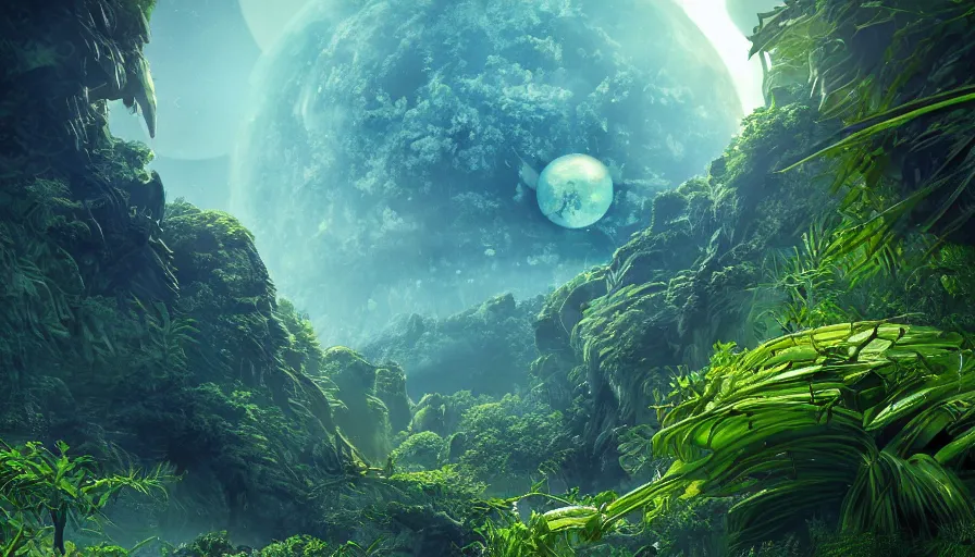 Image similar to Alien planet with a blue jungle and a green sun, hyperdetailed, artstation, cgsociety, 8k