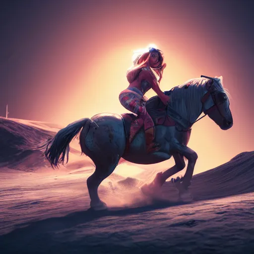 Image similar to A hyper real comic book style portait painting of Annita riding a horse on the moon, unreal 5, hyperrealistic, octane render, cosplay, RPG portrait, dynamic lighting