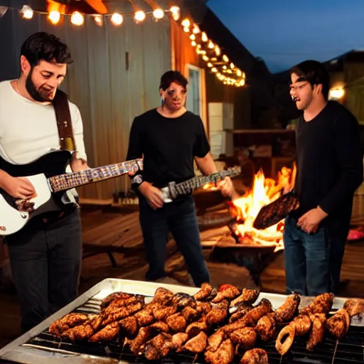 Prompt: three guys in night at the yard grilling kebabs and one guy playing guitar