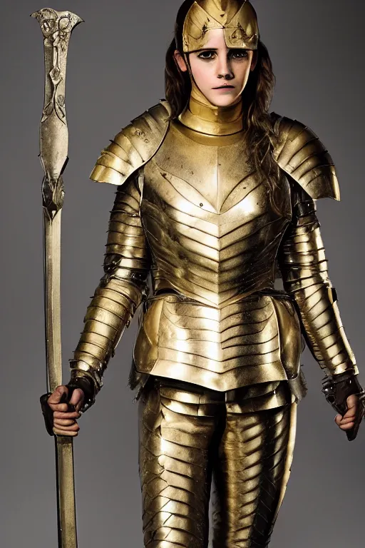 Prompt: Emma Watson as Joan of Arc for an upcoming movie directed by Peter Jackson, full suit of intricate golden plate armor, promo shoot, studio lighting