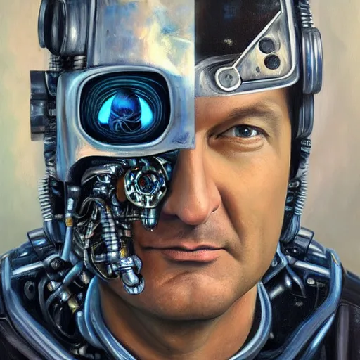 Image similar to a realistic oil painting of nathan fillion as a cybernetic cyborg, surrealism portrait, surrealism album cover