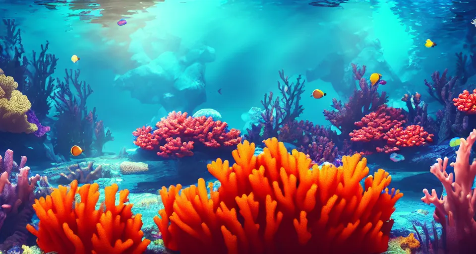 Image similar to underwater, corals, colorful fishes, atmospheric, dof, crystal water, wide angle, volumetric dynamic lighting, ethereal, very coherent composition, masterpiece, octane render, god rays, rtx on, trending on cgsociety and artstation