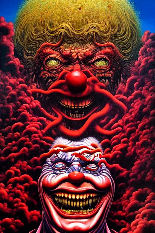 Image similar to a hyperrealistic painting of a evil boss fight against tyrant ronald mcdonald, cinematic horror by chris cunningham, lisa frank, richard corben, highly detailed, vivid color, beksinski painting, part by adrian ghenie and gerhard richter. art by takato yamamoto. masterpiece