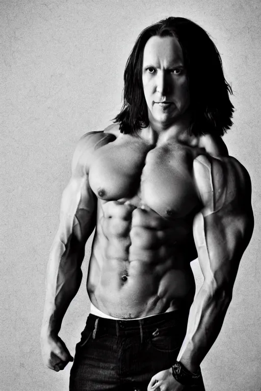 Image similar to Matthew Mercer is a jacked muscle builder gigachad, grayscale photography