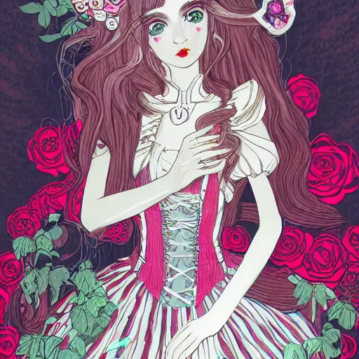 Prompt: Alice in Wonderland at the tea party, she looks like a mix of grimes, Aurora Aksnes and Zendaya, childlike, billowing elaborate hair and dress, strings of pearls, surrounded by red and white roses, digital illustration, inspired by a stylistic blend of Aeon Flux, Japanese shoujo manga, and Henry Darger, hyper detailed, dreamlike, incredibly ethereal, super photorealistic, iridescent, dichroic prism, speckled, marbling effect, tulle and lace, extremely fine inking lines
