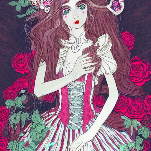 Image similar to Alice in Wonderland at the tea party, she looks like a mix of grimes, Aurora Aksnes and Zendaya, childlike, billowing elaborate hair and dress, strings of pearls, surrounded by red and white roses, digital illustration, inspired by a stylistic blend of Aeon Flux, Japanese shoujo manga, and Henry Darger, hyper detailed, dreamlike, incredibly ethereal, super photorealistic, iridescent, dichroic prism, speckled, marbling effect, tulle and lace, extremely fine inking lines