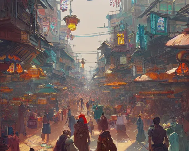 Prompt: colorful, bustling marketplace in a great kitsune city, a fantasy digital painting by Greg Rutkowski and James Gurney, trending on Artstation, highly detailed