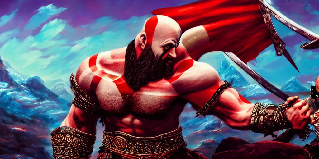 Prompt: 4k detailed painting of kratos with his blades fighting a dragon in a synthwave mountain landscape