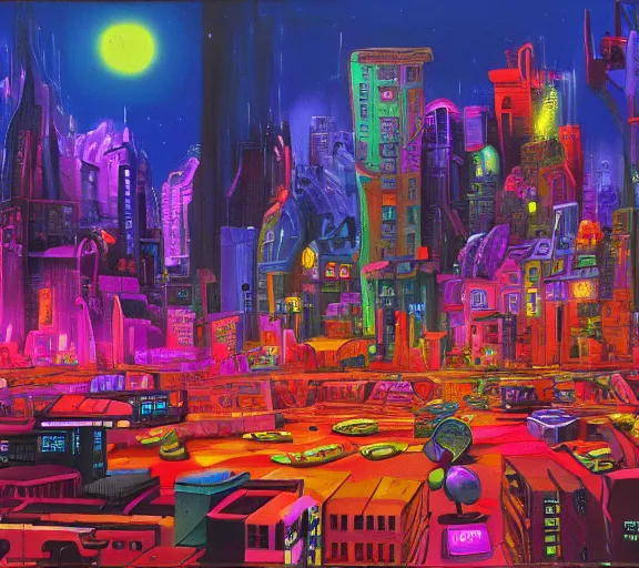 Image similar to surreal colorful nightmarish cityscape, 4k artwork by Ralph Bakshi