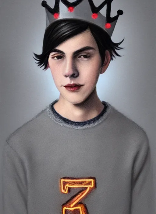 Image similar to portrait of teenage jughead jones wearing a light grey crown, photorealistic, crown, eyes closed, crown, black hair, sweater with letter s on it, letter s, intricate, elegant, glowing lights, highly detailed, digital painting, artstation, concept art, smooth, sharp focus, illustration, art by wlop, mars ravelo and greg rutkowski