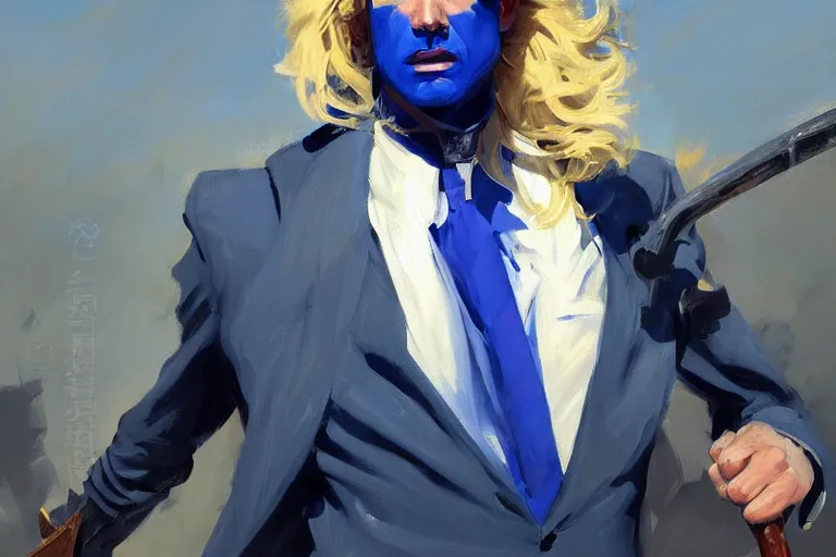 Prompt: greg manchess portrait painting of a blond man in a blue suit with a sword and a pistol, asymmetrical, profile picture, organic painting, sunny day, matte painting, bold shapes, hard edges, street art, trending on artstation, by huang guangjian, gil elvgren, ruan jia, randy vargas, greg rutkowski