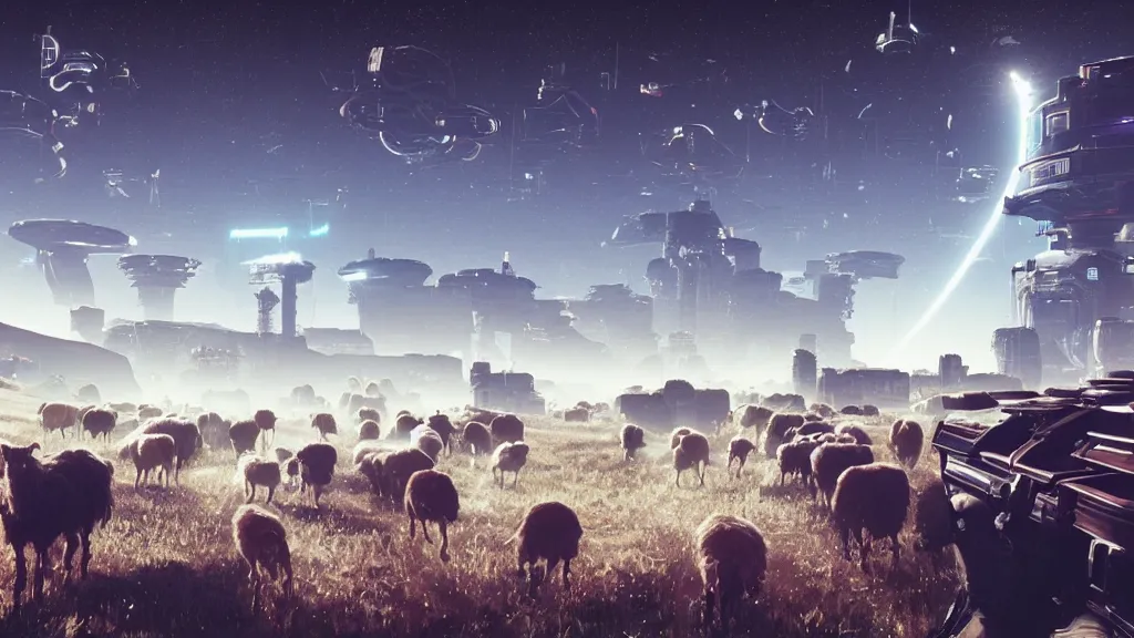 Prompt: Cyberpunk cowboys herding sheep in a No Man's Sky landscape