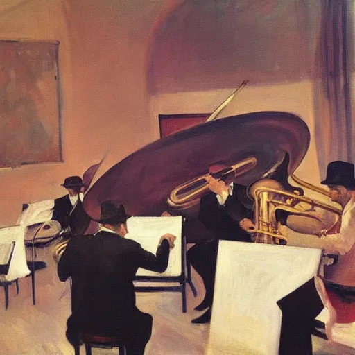 Image similar to painting of jazz group ( 1 9 5 9 ) by joaquin sorolla and edward hopper