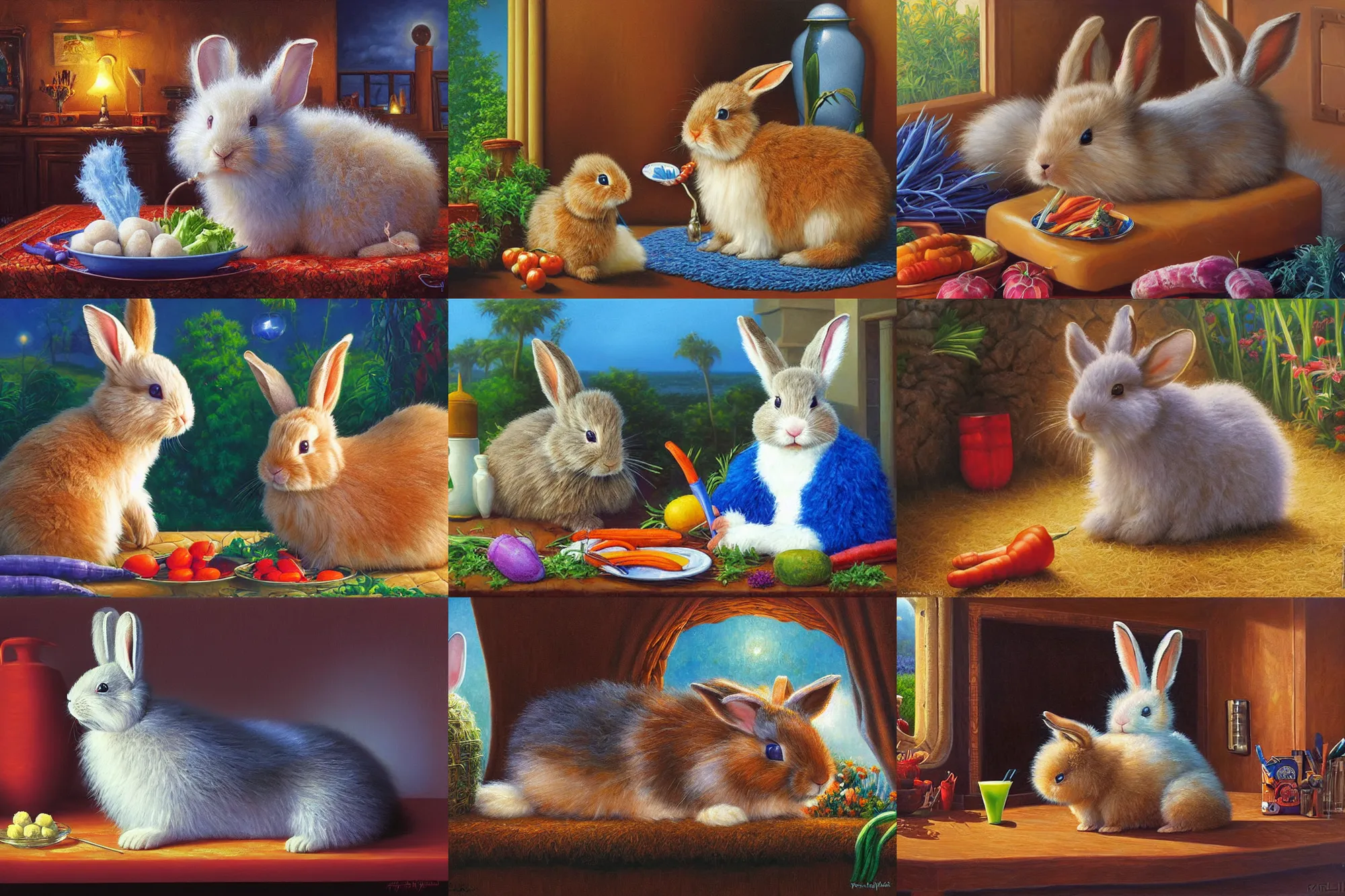 Prompt: A fuzzy rabbit chilling in her mansion eating a blue carrot, Greg Hildebrandt, Mark Keathley