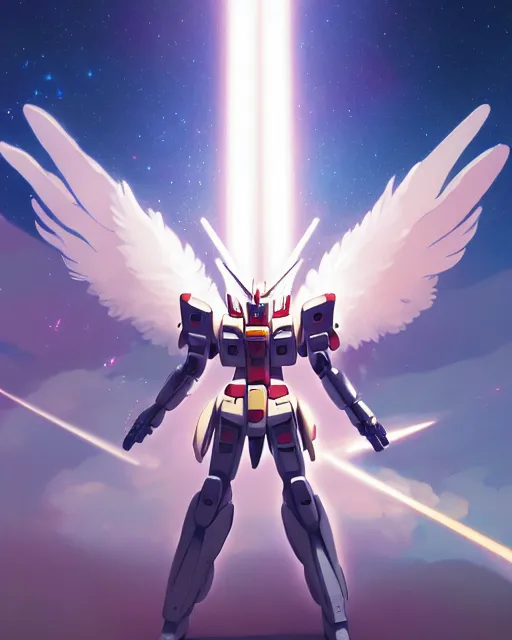 Image similar to highly detailed vfx portrait of an angelic gundam with wings of feathers beam saber fighting in space with a beam gun, unreal engine, greg rutkowski, loish, rhads, beeple, makoto shinkai and lois van baarle, ilya kuvshinov, rossdraws, tom bagshaw, alphonse mucha, global illumination, detailed and intricate environment