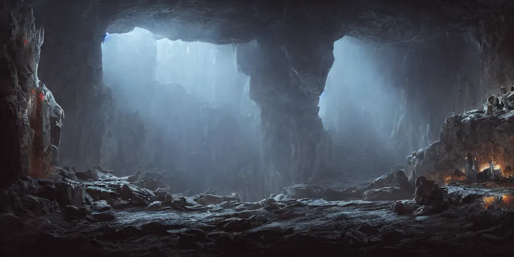 Image similar to discovery of a highly advanced underworld civilization with dark lighting in the style of thomas cole, cinematic lighting, raytracing, 8 k, octane render, volumetric, vivid, beautiful, hyperrealism