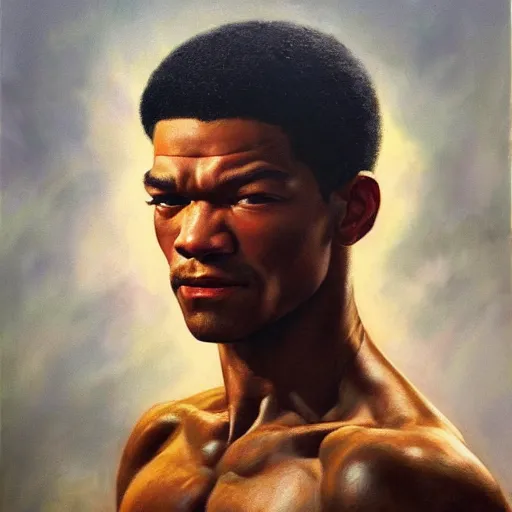 Image similar to ultra realistic portrait painting of justice smith, art by frank frazetta, 4 k, ultra realistic, highly detailed, epic lighting