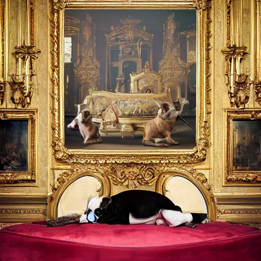 Image similar to 8k highly detailed photo by David Bailey of A French Bulldog Louis XIV, decadent throne room, the other animals prostrate themselves before the throne, French architecture