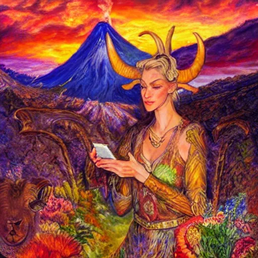 Image similar to painting by senior concept artist josephine wall, horned ram goddess checking her cell phone, erupting volcano and sunset in distance in background, flowers in foreground