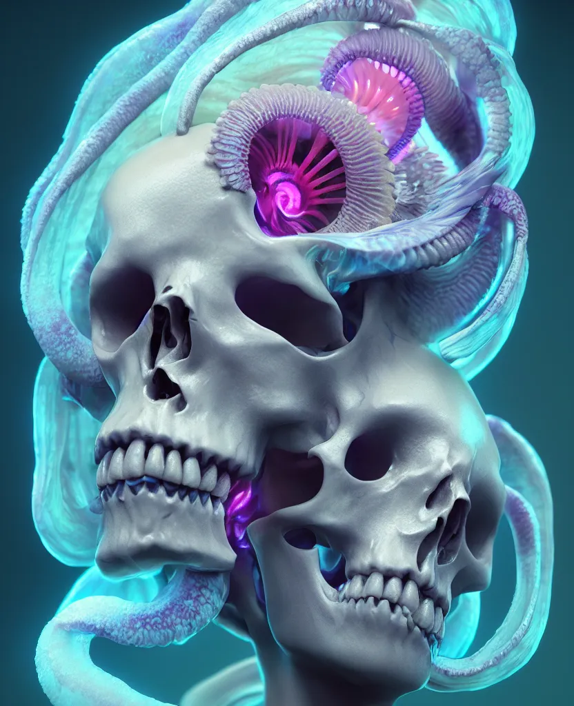 Image similar to goddess close - up portrait human skull, ram skull, squid phoenix jellyfish, orchid, betta fish, bioluminiscent, intricate artwork by tooth wu and wlop and beeple. octane render, trending on artstation, greg rutkowski very coherent symmetrical artwork. cinematic, hyper realism, high detail, octane render, 8 k