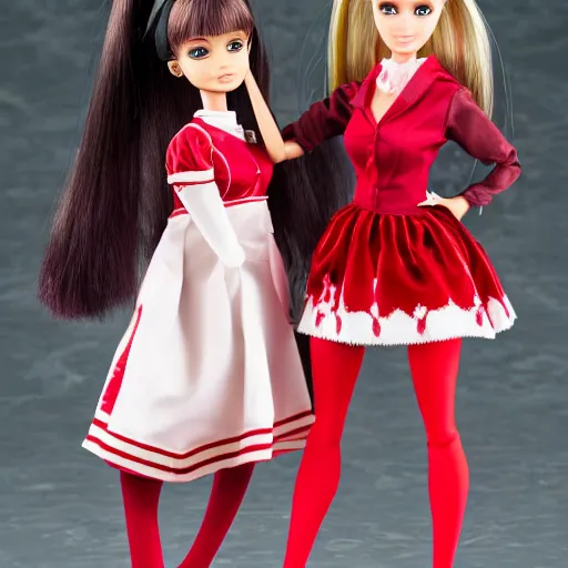 Image similar to anime barbie doll, 5 dolls in one photo, in red velvet stockings, a nurse's dress, full length, heels on her feet