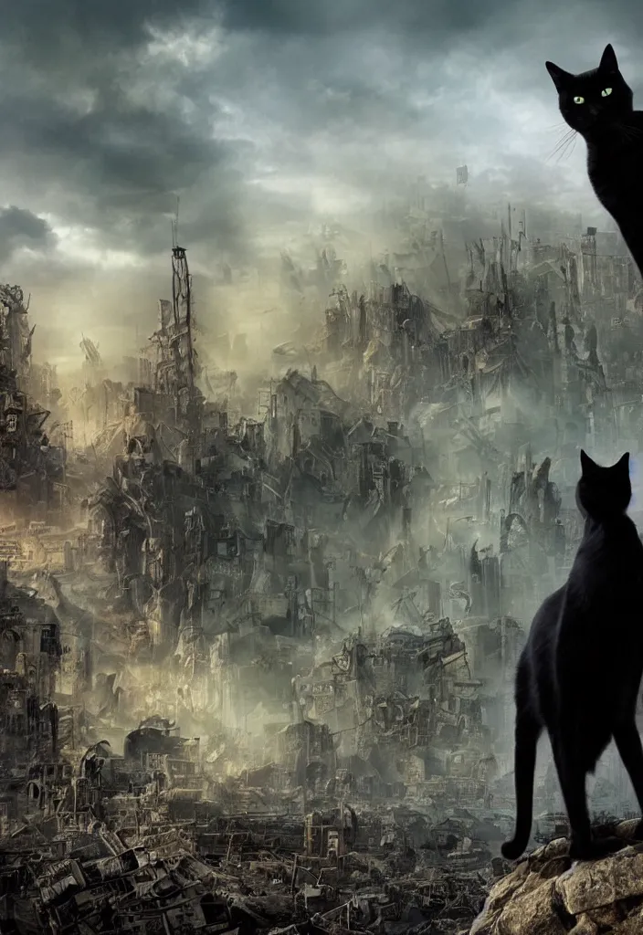 Image similar to One black cat standing on a rock, in the background is a destroyed dystopian city with mist, steampunk, digital art, very detailed, movie poster made by drew struzan, realistic