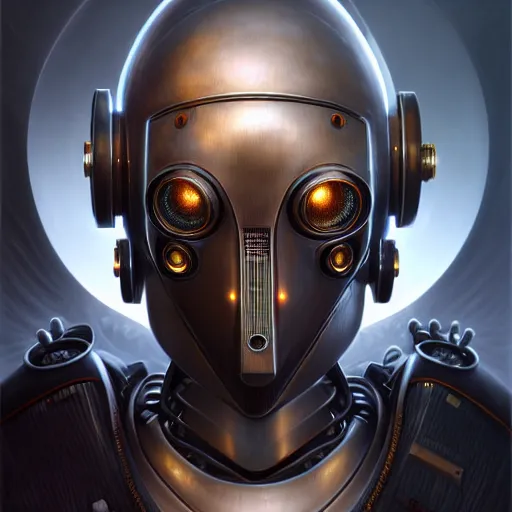 Image similar to front shot of a cyberpunk gazmask robot character, intricate, elegant, highly detailed, centered, digital painting, artstation, concept art, smooth, sharp focus, illustration, artgerm, Tomasz Alen Kopera, Peter Mohrbacher, donato giancola, Joseph Christian Leyendecker, WLOP, Boris Vallejo