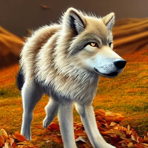 Image similar to professional stylized full - body digital art of a side profile of a tibetan wolf, tan and brown fur, fluffy, falling leaves, hd, 8 k, highly detailed, high quality, cute