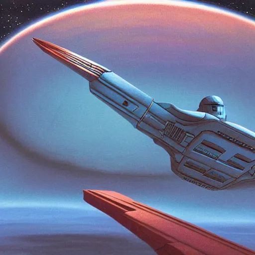 Image similar to spaceship flying over epic sci - fi landscape, painting by ralph mcquarrie