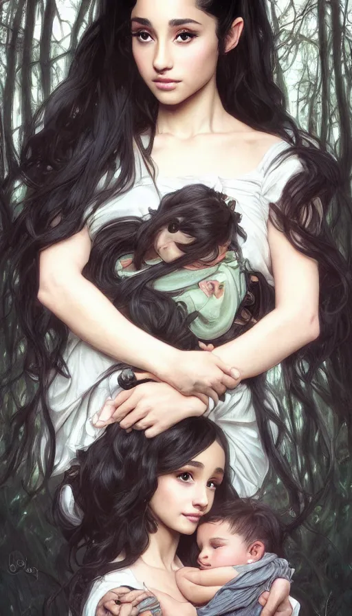 Image similar to unique cottagecore Ariana Grande holding a baby, black Hair, dark forest, intricate, elegant, highly detailed, digital painting, artstation, concept art, smooth, sharp, focus, illustration, art by artgerm and greg rutkowski and alphonse mucha