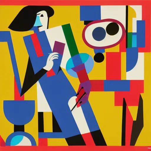 Prompt: portrait of a person playing trumpet, abstract painting in the style of Sophie Taeuber-Arp and Gary Hume and Tatsuro Kiuchi, flat colour-block style, geometric abstraction, dark colours