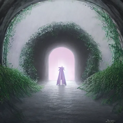 Prompt: a christian cross as the light at the end of the tunnel, with pale purple and pale pink lighting, with a few vines and overgrowth, studio ghibli, cinematic, realistic painting, high definition, digital art, symmetrical, very detailed, extremely high detail, photo realistic, concept art, unreal engine 5,