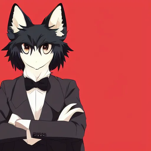 Prompt: key anime visual of a portrait anthropomorphic black male fox anthro furry fursona with long black hairstyle, wearing a wine red business suit, stern menacing male eyes, looking down, modern anime style