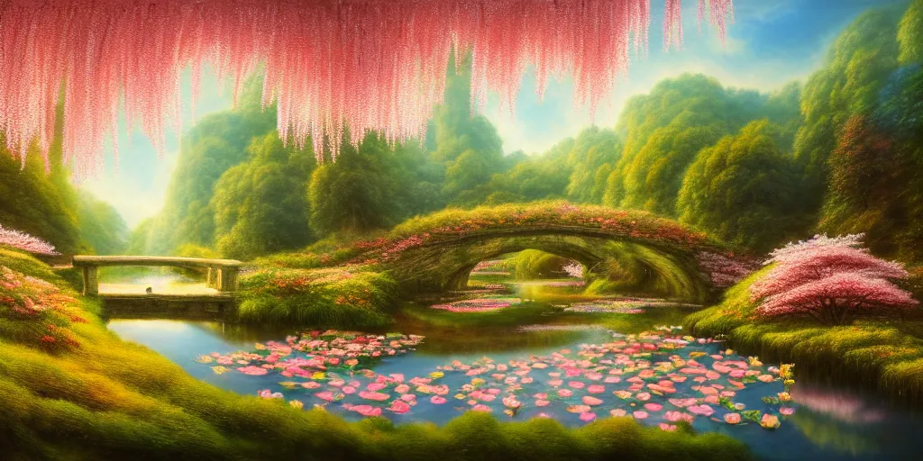 Prompt: a real photographic landscape painting with incomparable reality, wide angle, in forest, flowers, peach tree in full bloom, waterlily pond, bright style, harry potter, clearing,, john howe, magnificent, artstation