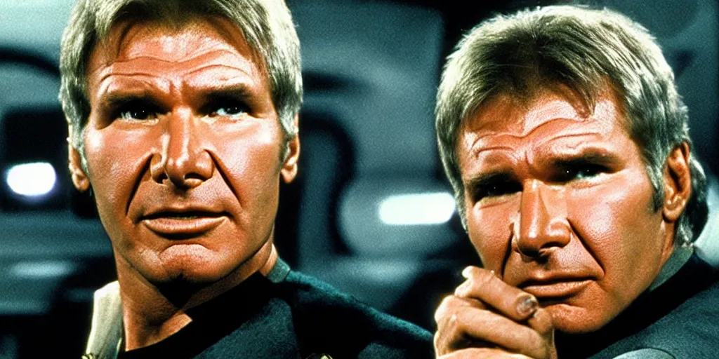 Prompt: Harrison Ford in the role of Captain Kirk in a scene from Star Trek the original series