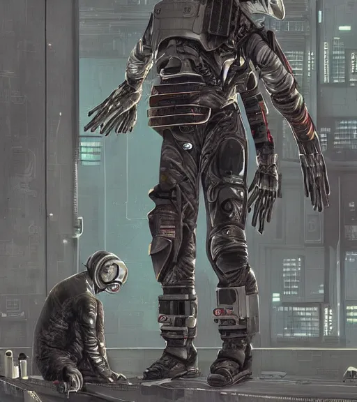 Image similar to realistic cyberpunk japanese engineer with long limbs and a black spacesuit welding a wall, techwear, dead space, visible face, Industrial Scifi, detailed illustration, character portrait, by Martin Grip and Moebius