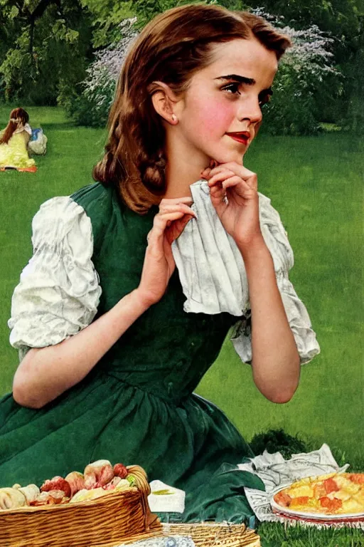 Image similar to photo photorealistic portrait photograph Emma Watson picnic in the green lawn 1950s portrait by Norman Rockwell