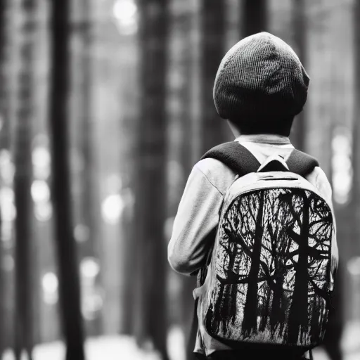 Prompt: little boy with a backpack in a forest, in the style of mcbess