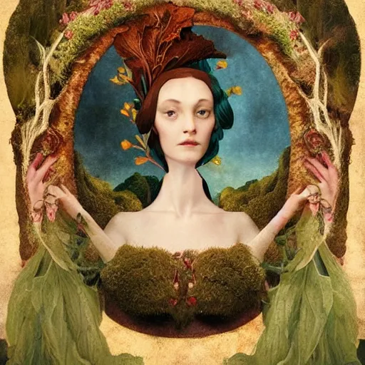 Image similar to a detailed portrait of young woman in renaissance dress and a surreal renaissance headdress, very surreal garden, strange creatures, by christian schloe and botticelli, naotto hattori, amy sol