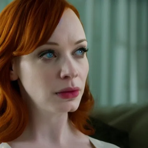 Image similar to amazing beautiful Christina Hendricks with an amazed look on her face in the living room, film still from the movie directed by Denis Villeneuve , wide lens