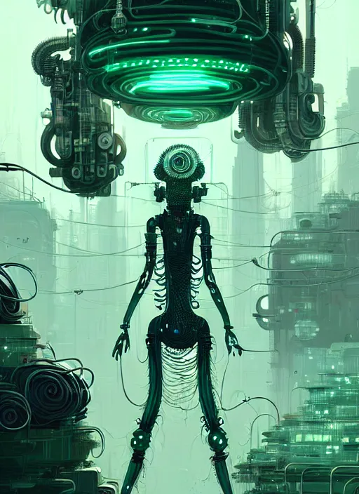 Image similar to highly detailed portrait of a biopunk long curly white hair tribal lady, stray wiring by atey ghailan, james gilleard, by joe fenton, by greg rutkowski, by greg tocchini, by kaethe butcher, 4 k resolution, gradient green, black and white color scheme!!! ( ( green caustic robotic dystopian city background ) )