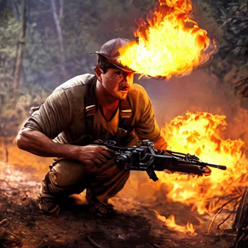 Image similar to Rambo shooting flames out of a flamethrower, moonlight, burning trees, burning computers on the floor, very vey very detailed face, very very very realistic face, real picture, 8K, action movie scene