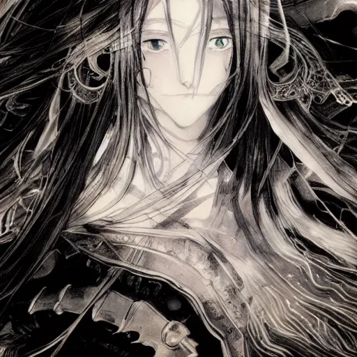 Image similar to yoshitaka amano blurred and dreamy illustration of an anime girl with black eyes, wavy white hair fluttering in the wind wearing elden ring armor and engraving, abstract black and white patterns on the background, noisy film grain effect, highly detailed, renaissance oil painting, weird portrait angle, blurred lost edges, three quarter view