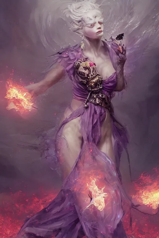 Image similar to beautiful girl necromancer, witch - doctor exploding into flowers fire crystal dress, angels, 3 d render, hyper - realistic detailed portrait, holding fire and electricity, ruan jia, wlop. scifi, fantasy, magic the gathering, hyper detailed, octane render, concept art by artgerm, peter mohrbacher